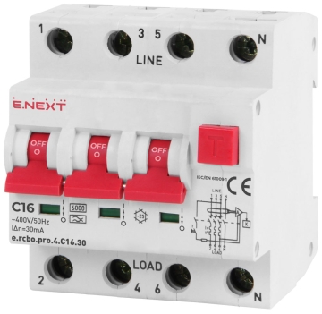 ДЕФЕКТНОТОКОВА ЗАЩИТА СЪС ЗАЩИТА ОТ СВРЪХТОКОВЕ E.RCBO.PRO.4.C16.30, 3P+N, 16A, C, ТИП A, 30MA E.NEXT