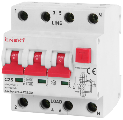 FEHLERSTROMSCHUTZ DTZ MIT ÜBERSTROMSCHUTZ E.RCBO.PRO.4.C25.30, 3P+N, 25A, C, TYP A, 30MA