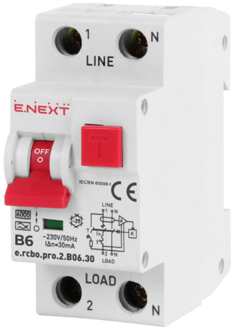 ДЕФЕКТНОТОКОВА ЗАЩИТА ДТЗ СЪС ЗАЩИТА ОТ СВРЪХТОКОВЕ E.RCBO.PRO.2.B06.30, 1P+N, 6А, B, ТИП А, 30MA