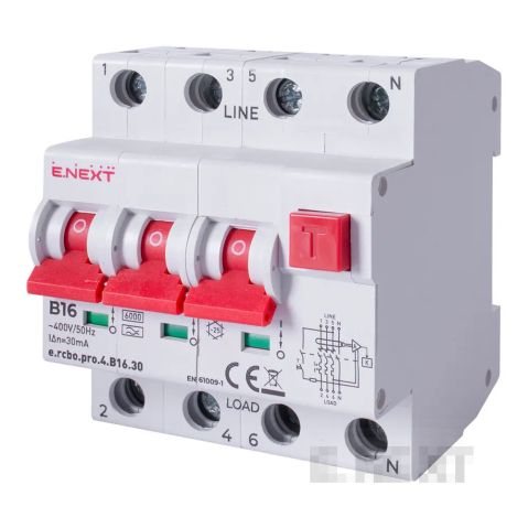 Fehlerstromschutzschalter (FI-Schalter) mit Überstromschutz e.rcbo.pro.4.B16.30, 3P+N, 16A, B, Typ A, 30mA E.NEXT