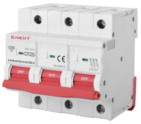 Întrerupător modular e.industrial.mcb.150.3.D125, 3p, 125A, D, 15kA, E.NEXT