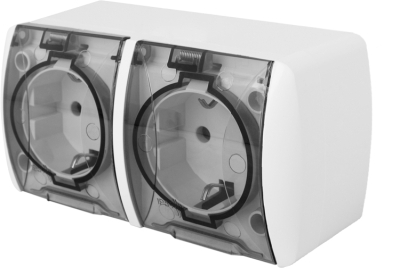Double socket Schuko E.NEXT e.aqua.1232.grt IP54 white transparent cap 16A 230V s035059