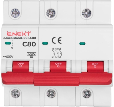 Modular circuit breaker e.mcb.stand.100.3.C80, 3P, 80 A, characteristic C, 10kA, E.NEXT