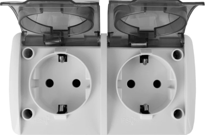 Double socket e.aqua.1232.grt with protective contact (schuko), for outdoor installation, IP54, white with transparent cap, 16 A 230 V, E.NEXT