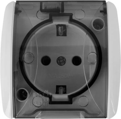 Single socket e.aqua.1231.grt with protective contact (schuko), for outdoor installation, IP54, white with transparent cap, 16 A 230 V, E.NEXT