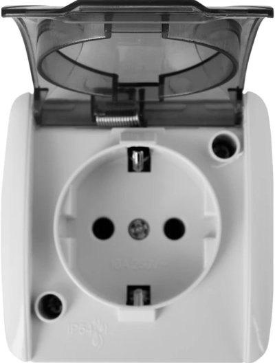 Single socket e.aqua.1231.grt with protective contact (schuko), for outdoor installation, IP54, white with transparent cap, 16 A 230 V, E.NEXT