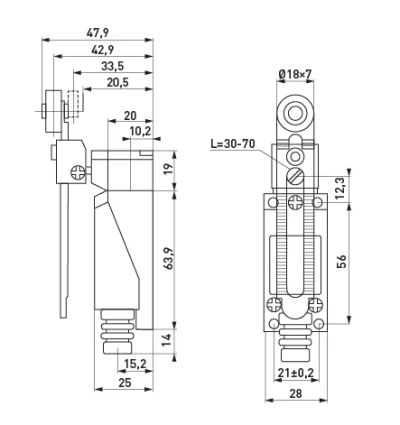 Endschalter e.LIMITSWITCH.03 mit längenverstellbarem Hebel und Rolle E.NEXT