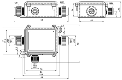 Distribution box e.wdb.cnp725.3t with terminal block, 138×98×42 mm, IP68, E.NEXT
