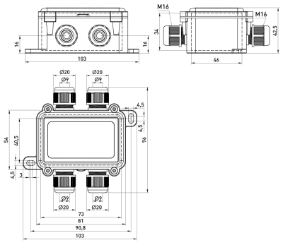 Distribution box e.wdb.cnp723.4t.b with terminal block, 103×96×42 mm, IP68, E.NEXT