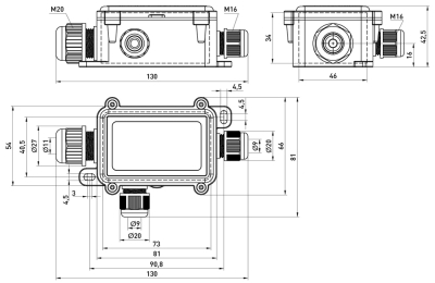 Distribution box e.wdb.cnp723.3t with terminal block, 133×81×42 mm, IP68, E.NEXT