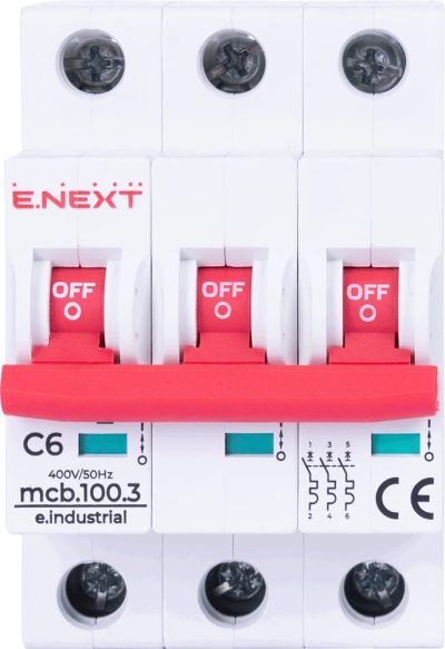 Modular circuit breaker E.INDUSTRIAL.MCB.100.3.C6, 3 P, 6 A, C, 10 kA, E.NEXT