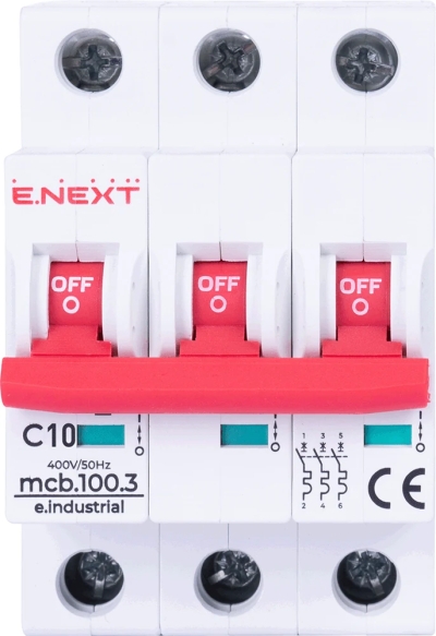 Modular circuit breaker E.INDUSTRIAL.MCB.100.3.C10, 3 P, 10 A, C, 10 kA, E.NEXT
