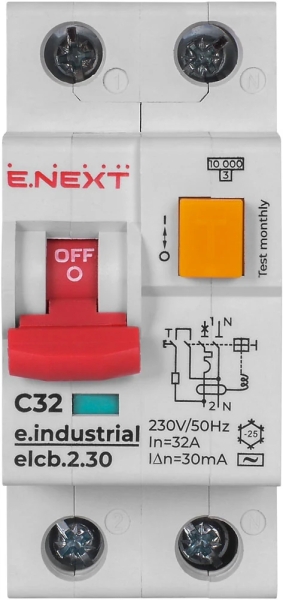 ERDBEBENSCHUTZ MIT ÜBERSTROMSCHUTZ E.INDUSTRIAL.ELCB.2.C32.30, 2P, 32A, C, 30MA E.NEXT