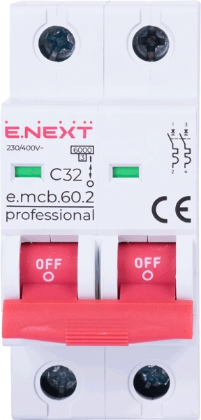 MODULAR CIRCUIT BREAKER E.MCB.PRO.60.2.C 32 NEW, 2P, 32A, C, 6KA NEW E.NEXT