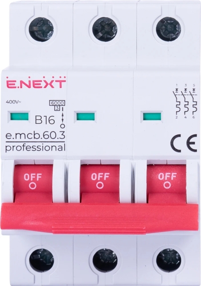 MODULAR CIRCUIT BREAKER E.MCB.PRO.60.3.B 16 NEW, 3P, 16A, IN, 6KA, NEW E.NEXT