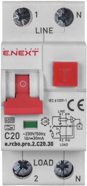 ДЕФЕКТНОТОКОВА ЗАЩИТА ДТЗ СЪС ЗАЩИТА ОТ СВРЪХТОКОВЕ E.RCBO.PRO.2.C20.30, 1P+N, 20А, С, ТИП А, 30MA E.NEXT
