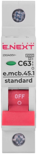 ÎNTRERUPTOR AUTOMAT MODULAR E.MCB.STAND.45.1.C63, 1P, 63A, C, 4.5 KA E.NEXT