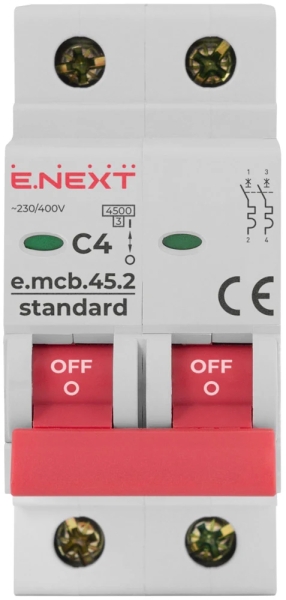 Modular circuit breaker E.MCB.STAND.45.2.C4, 2P, 4 A, C, 4.5 kA, E.NEXT