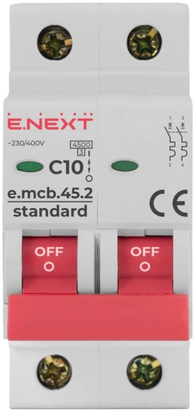 Modular circuit breaker E.MCB.STAND.45.2.C10, 2P, 10 A, C, 4.5 kA, E.NEXT