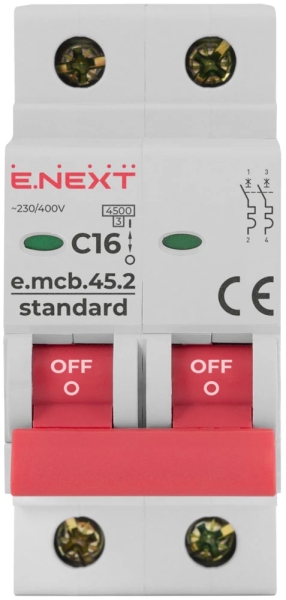 Modular circuit breaker E.MCB.STAND.45.2.C16, 2P, 16 A, C, 4.5 kA, E.NEXT
