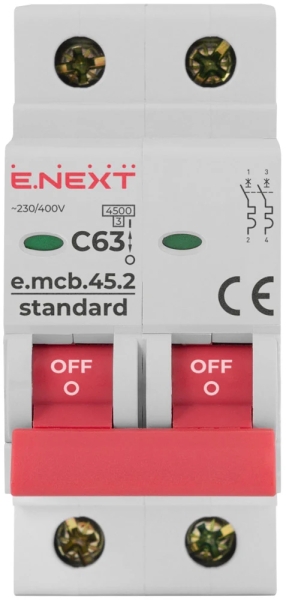 Modular circuit breaker E.MCB.STAND.45.2.C63, 2P, 63 A, C, 4.5 kA, E.NEXT