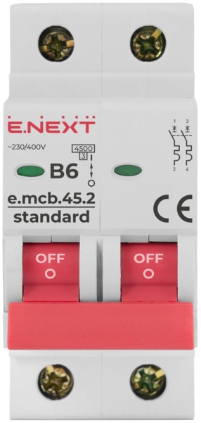 Modular circuit breaker E.MCB.STAND.45.2.B6, 2P, 6 A, B, 4.5 kA, E.NEXT