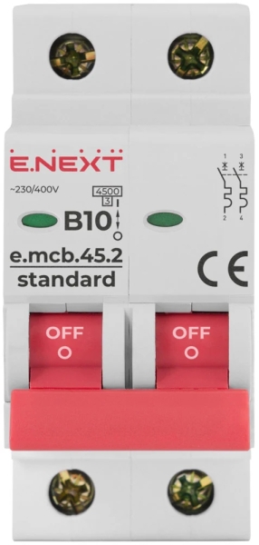 Modular circuit breaker E.MCB.STAND.45.2.B10, 2P, 10 A, B, 4.5 kA, E.NEXT