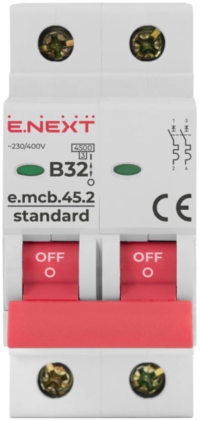 Modular circuit breaker E.MCB.STAND.45.2.B32, 2P, 32 A, B, 4.5 kA, E.NEXT