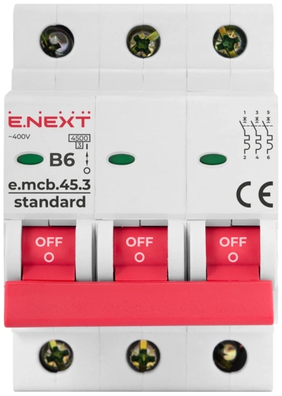 Modular circuit breaker E.MCB.STAND.45.3.B6, 3P, 6 A, B, 4.5 kA, E.NEXT