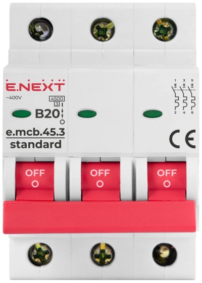Modular circuit breaker E.MCB.STAND.45.3.B20, 3P, 20 A, B, 4.5 kA, E.NEXT