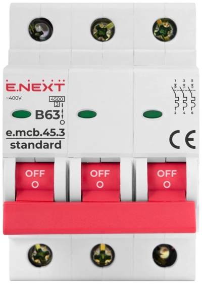 Modular circuit breaker e.mcb.stand.45.3.B63, 3P, 63 A, B, 4.5 kA E.NEXT