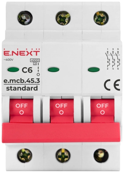 Modular circuit breaker E.MCB.STAND.45.3.C6, 3P, 6 A, C, 4.5 kA, E.NEXT