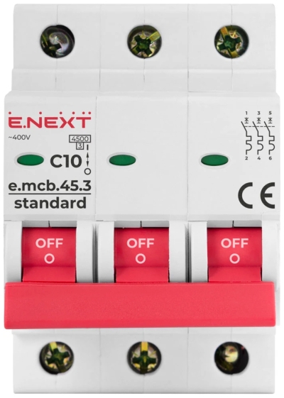 Modular circuit breaker E.MCB.STAND.45.3.C10, 3P, 10 A, C, 4.5 kA, E.NEXT