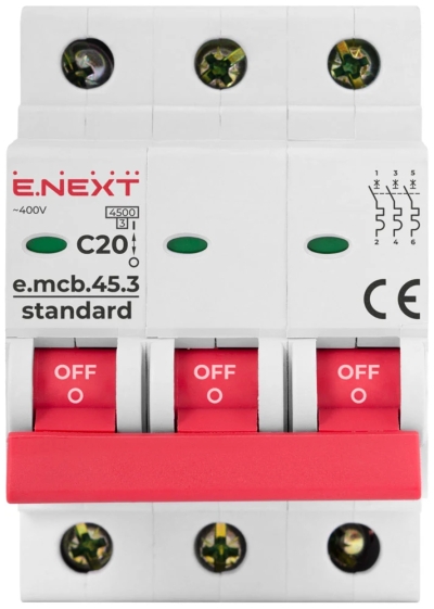 Modular circuit breaker E.MCB.STAND.45.3.C20, 3P, 20 A, C, 4.5 kA, E.NEXT