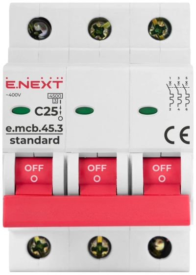 Modular circuit breaker E.MCB.STAND.45.3.C25, 3P, 25 A, C, 4.5 kA, E.NEXT