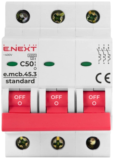Modular circuit breaker E.MCB.STAND.45.3.C50, 3P, 50 A, C, 4.5 kA, E.NEXT