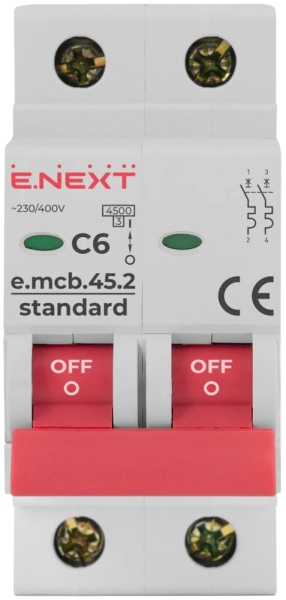 Modular circuit breaker E.MCB.STAND.45.2.C6, 2P, 6 A, C, 4.5 kA, E.NEXT