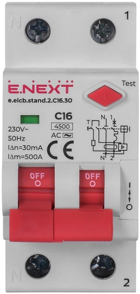 Earthquake circuit breaker WITH overcurrent protection E.ELCB.STAND.2.C16.30, 2P, 16 A, C, 30 mA WITH SPLIT handle, E.NEXT