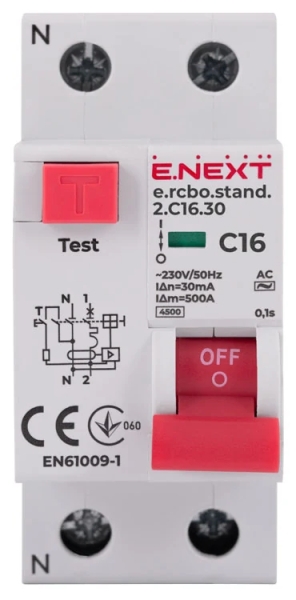 Residual current circuit breaker with overcurrent protection (RCBO) E.RCBO.STAND.2.C16.30, 1P+N, 16 A, C, 30 mA, E.NEXT