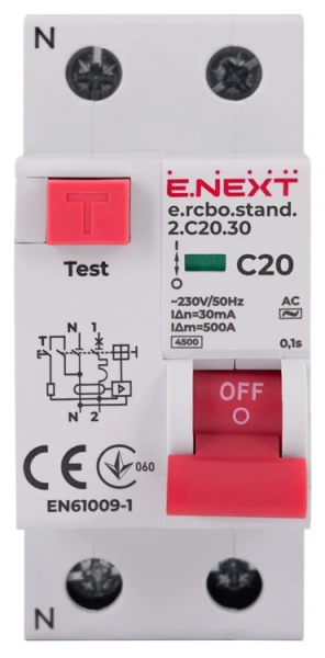 Residual current circuit breaker with overcurrent protection (RCBO) E.RCBO.STAND.2.C20.30, 1P+N, 20 A, C, 30 mA, E.NEXT