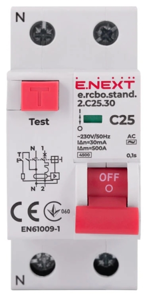Residual current circuit breaker with overcurrent protection (RCBO) E.RCBO.STAND.2.C25.30, 1P+N, 25 A, C, 30 mA, E.NEXT