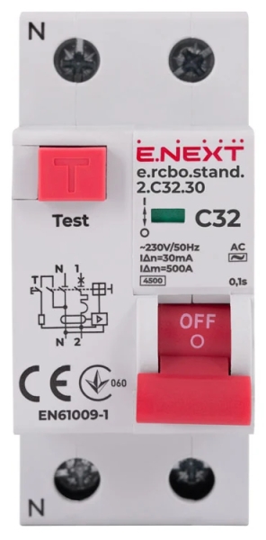 Residual current circuit breaker with overcurrent protection (RCBO) E.RCBO.STAND.2.C32.30, 1P+N, 32 A, C, 30 mA, E.NEXT
