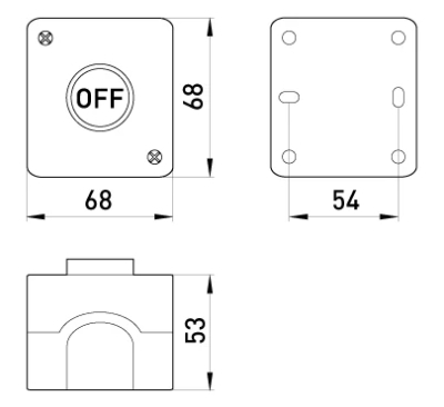 STOP button BOX, RED E.CS.STAND.XAL.D.117, inscriptions "off", E.NEXT