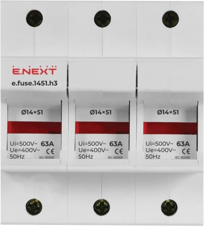 FUSE holder FOR DIN RAIL E.FUSE.1451.H3, FOR FUSES 14×51, 3P, 63 A, E.NEXT